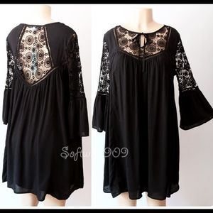 Black Crochet/lace Babydoll, Boho, Swing Dress